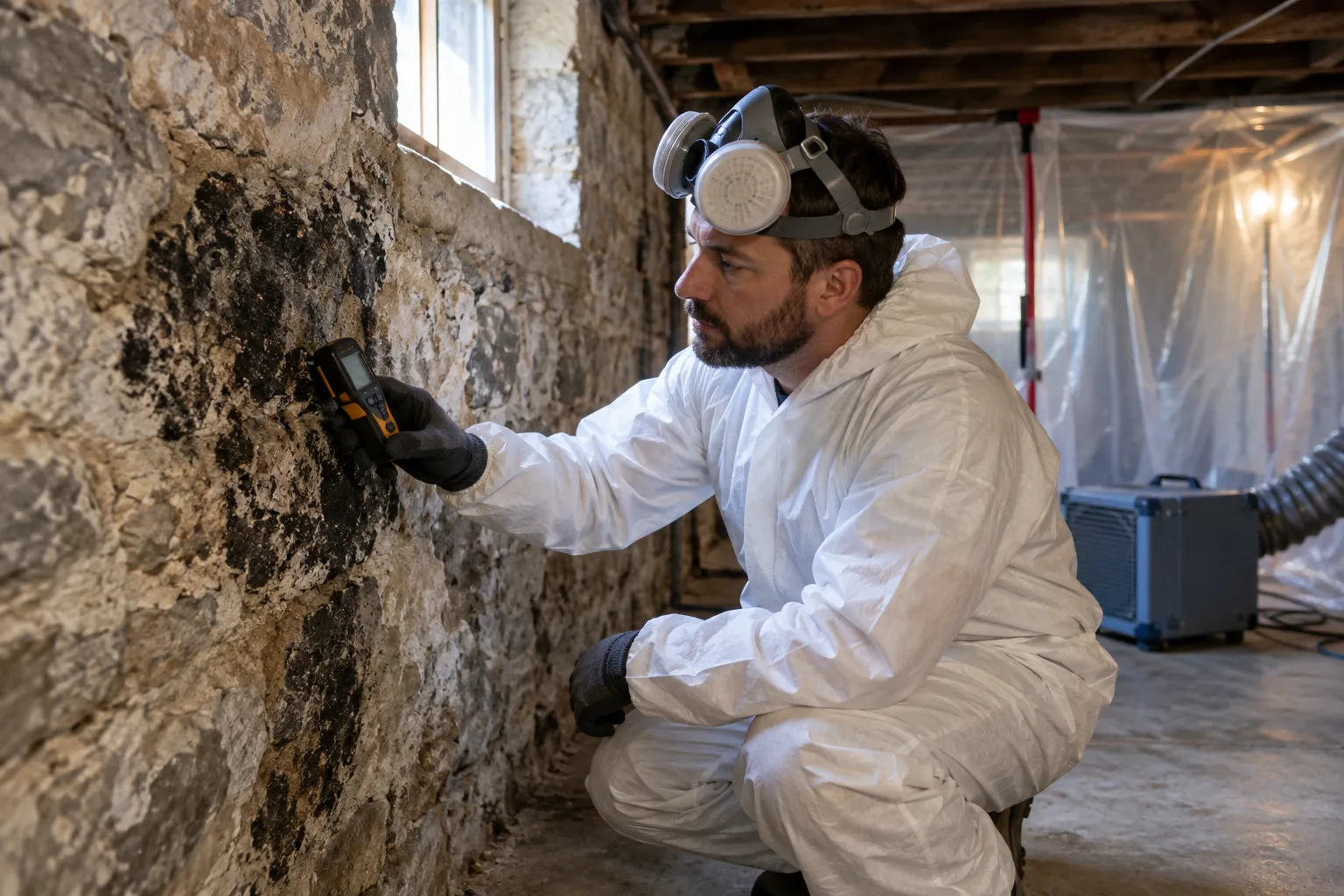 A local provider in protective gear inspecting a dark mold patch on a basement wall in a home in Philadelphia