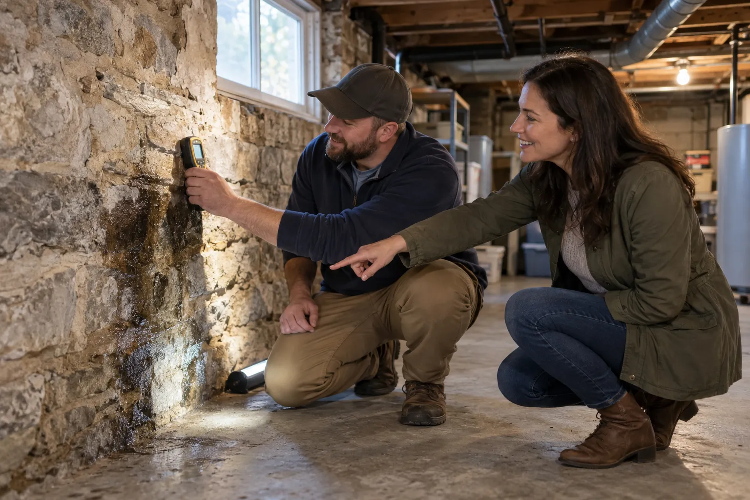 A friendly mold inspection provider checking a basement wall with a moisture meter for a homeowner in Philadelphia